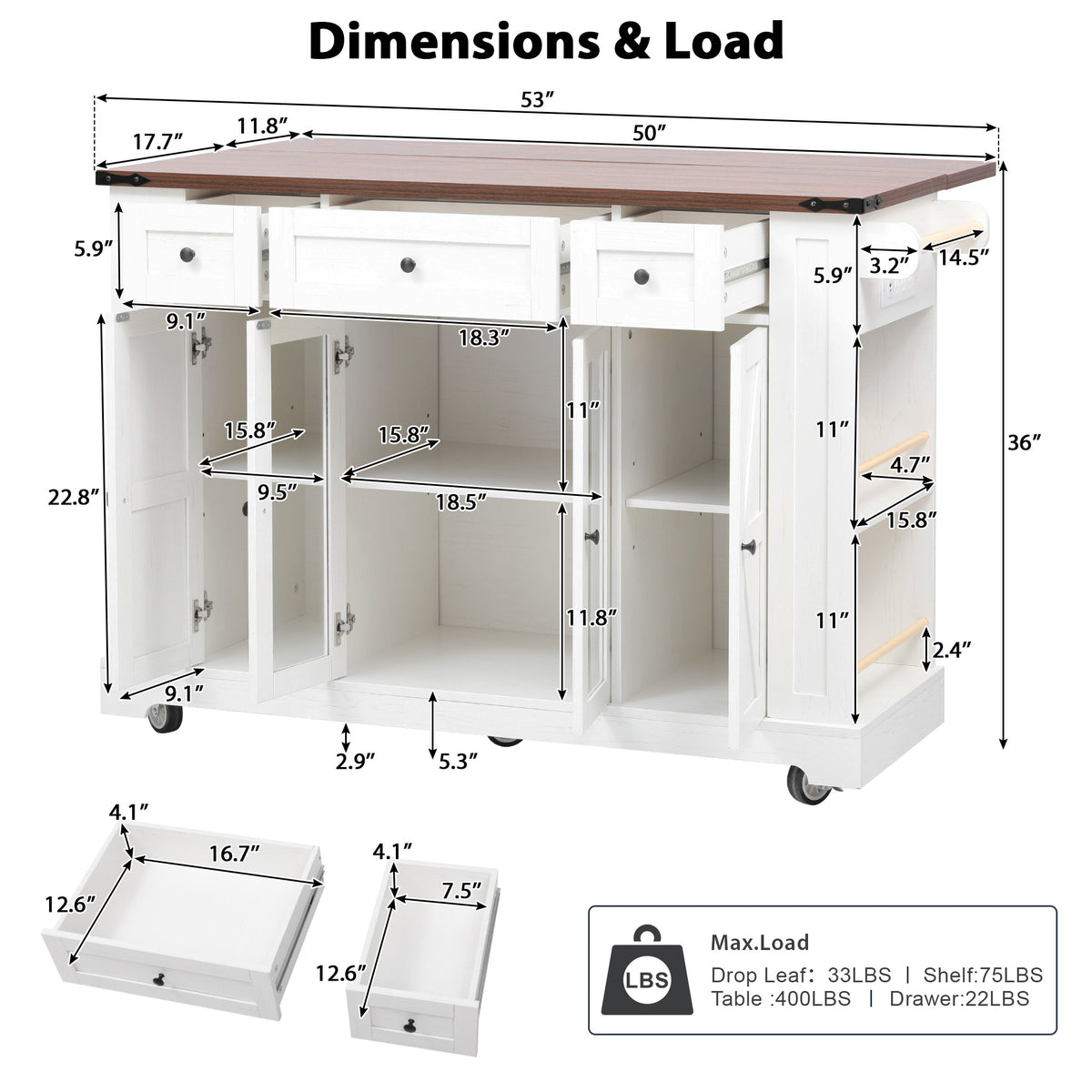 variant-group:rf-n707s263637w|Roomfitters 53" Kitchen Island with Power Outlet, 4 Doors and 3 Drawers, Rolling Storage Cabinet with Glass Doors, White