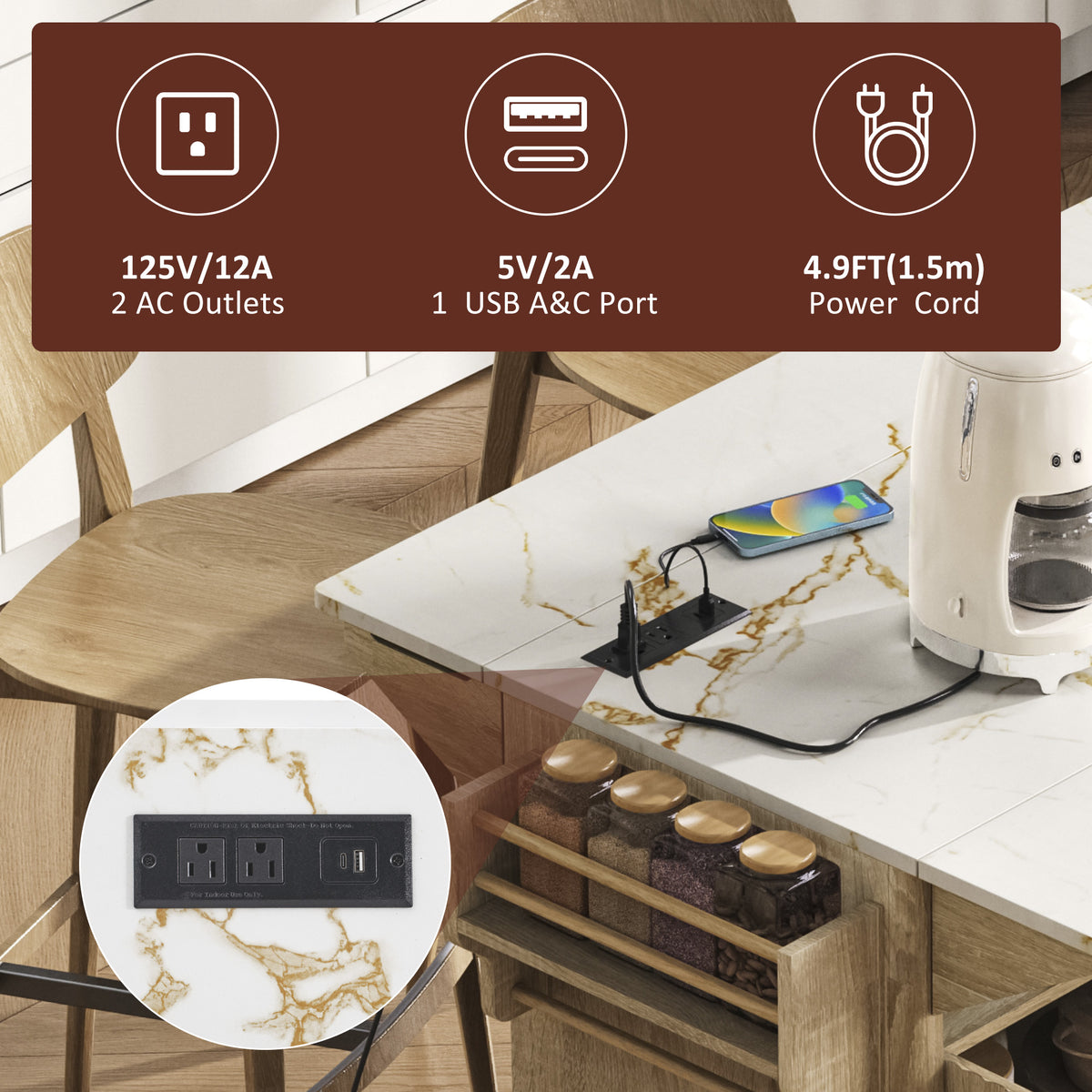 variant-group:rf-n707p353934y|Roomfitters 55.5" Fluted Kitchen Island with Double Drop Leaf, Natural Storage Cart with Power Outlet & Faux Marble Top