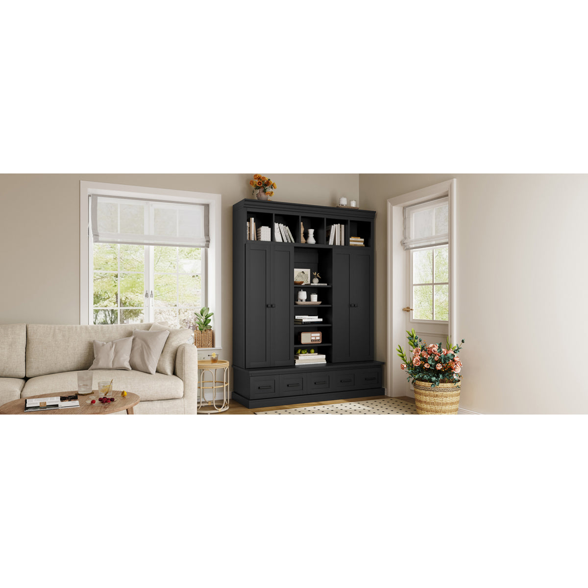 variant-group:rf-n724sj000139aab|Roomfitters 78.7" Hall Tree with Bench, 5 Cubbies, 4 Doors, 5 Drawers, Adjustable Shelves, Black