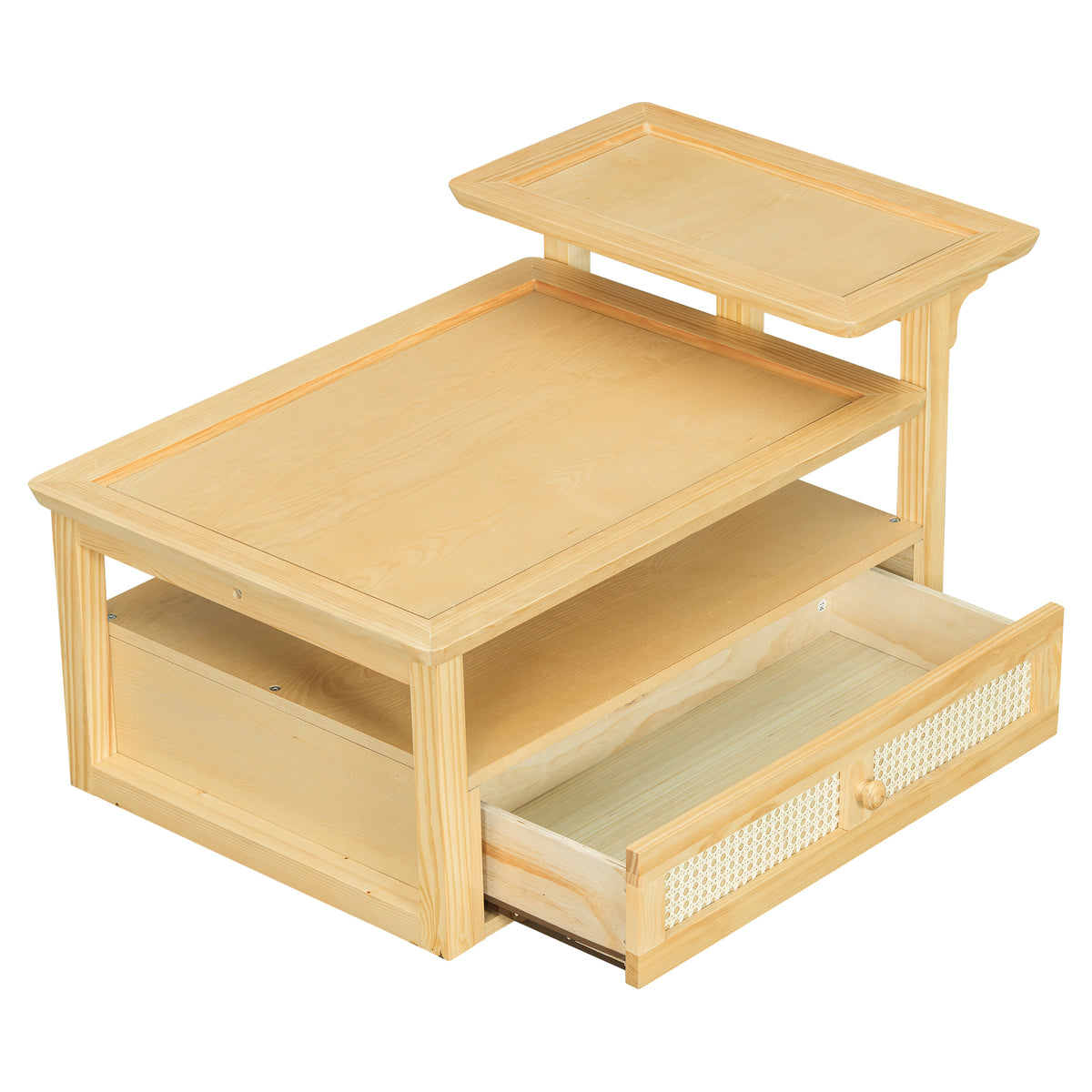 variant-group:rf-n724p232190n|Roomfitters Modern Coffee Table with Open Shelf, Dual Tabletops and Rattan Accent Storage, Natural