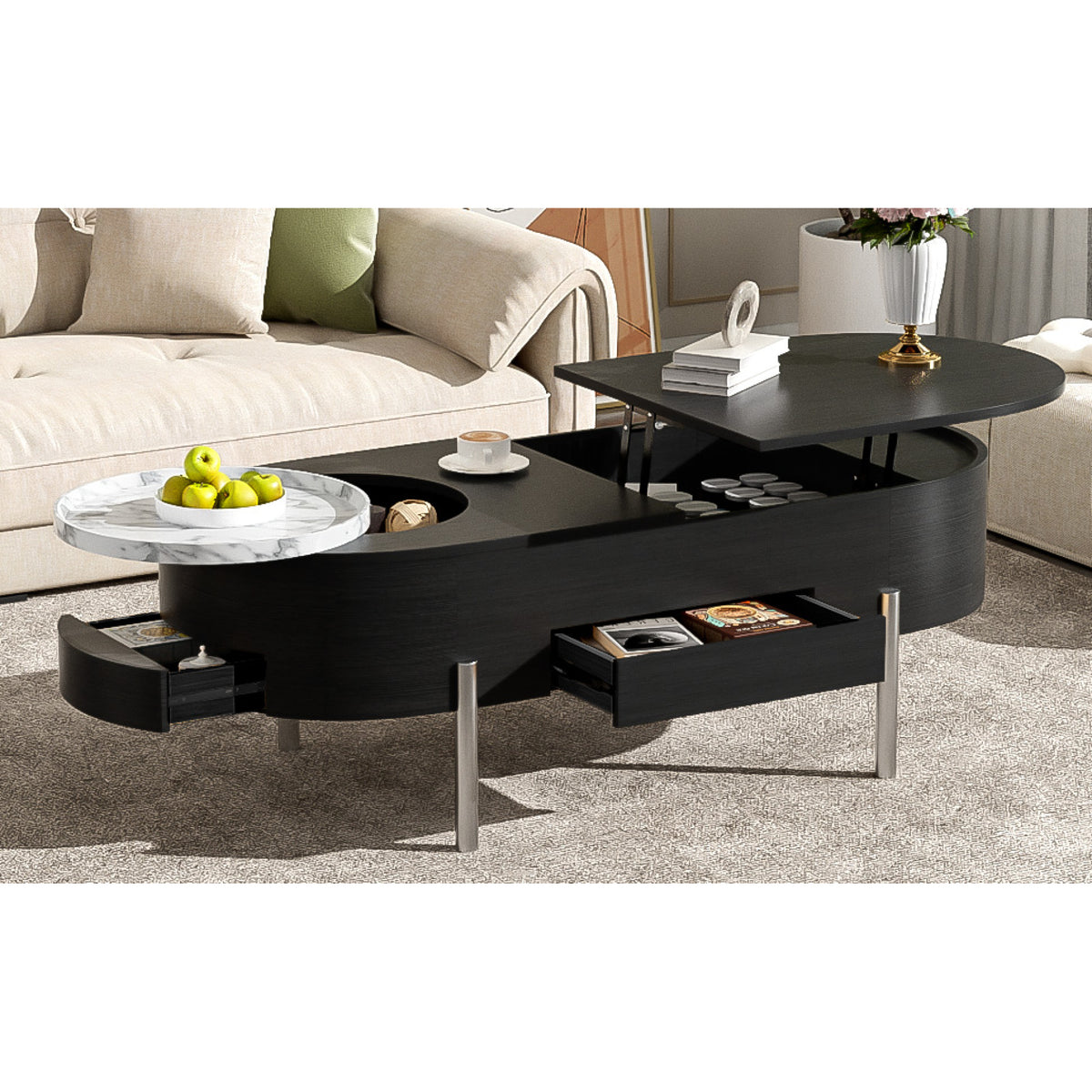 variant-group:rf-n724p228920b|Roomfitters Lift Top Oval Coffee Table with Rotating Marble Tray and Hidden Compartment, Black
