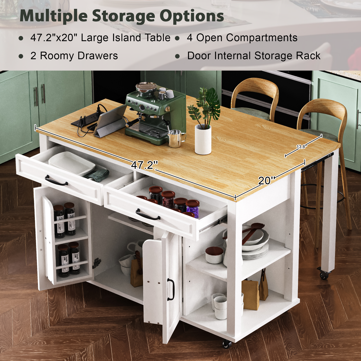 variant-group:rf-n707p215327w|Roomfitters 47" Kitchen Island with Extendable Dining Table, Storage Cabinet, Power Outlet, Rubber Wood Veneer, White