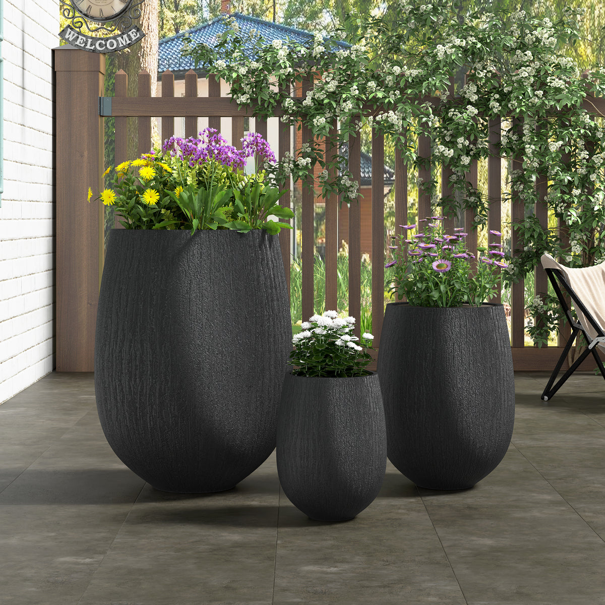 variant-group:rf-n711p406659b|Roomfitters Modern Egg-Shaped MGO Planter Set, 3-Piece Textured Faux Stone Flower Pots, Black Patio Garden Urns
