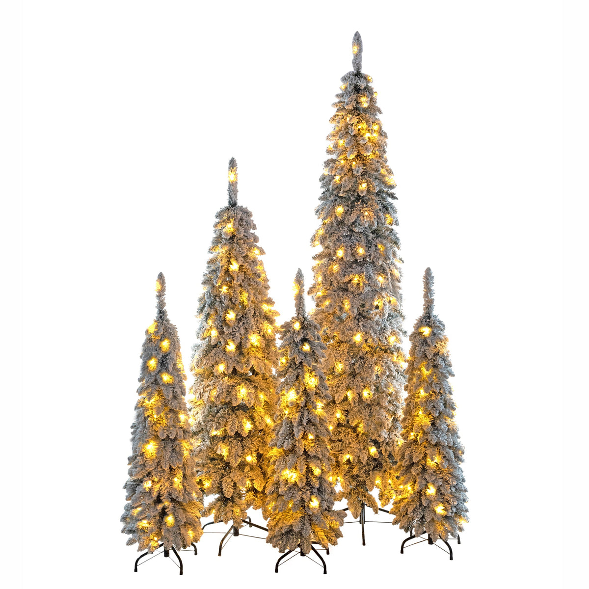 Roomfitters Pre-Lit Pencil Christmas Tree Set 8FT 6FT 4FT, 5-Pack Slim Snow-Flocked Artificial Trees with 1820 Tips, White Roomfitters