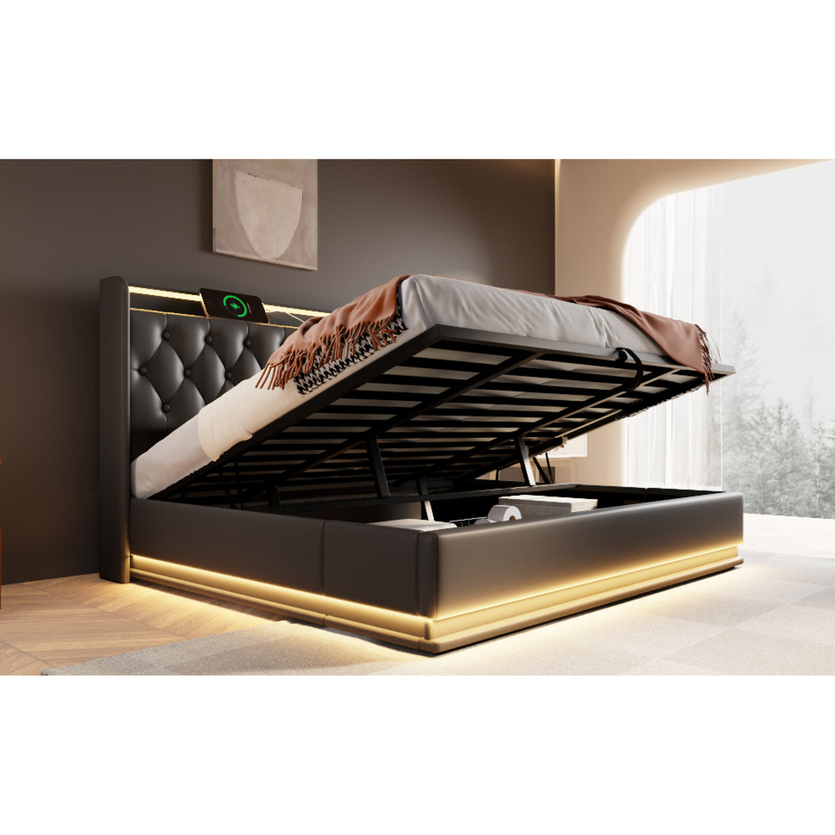 variant-group:rf-n736p188808b|Roomfitters King Size Upholstered Storage Bed with USB Type-C Charging and Remote Control, Faux Leather Black