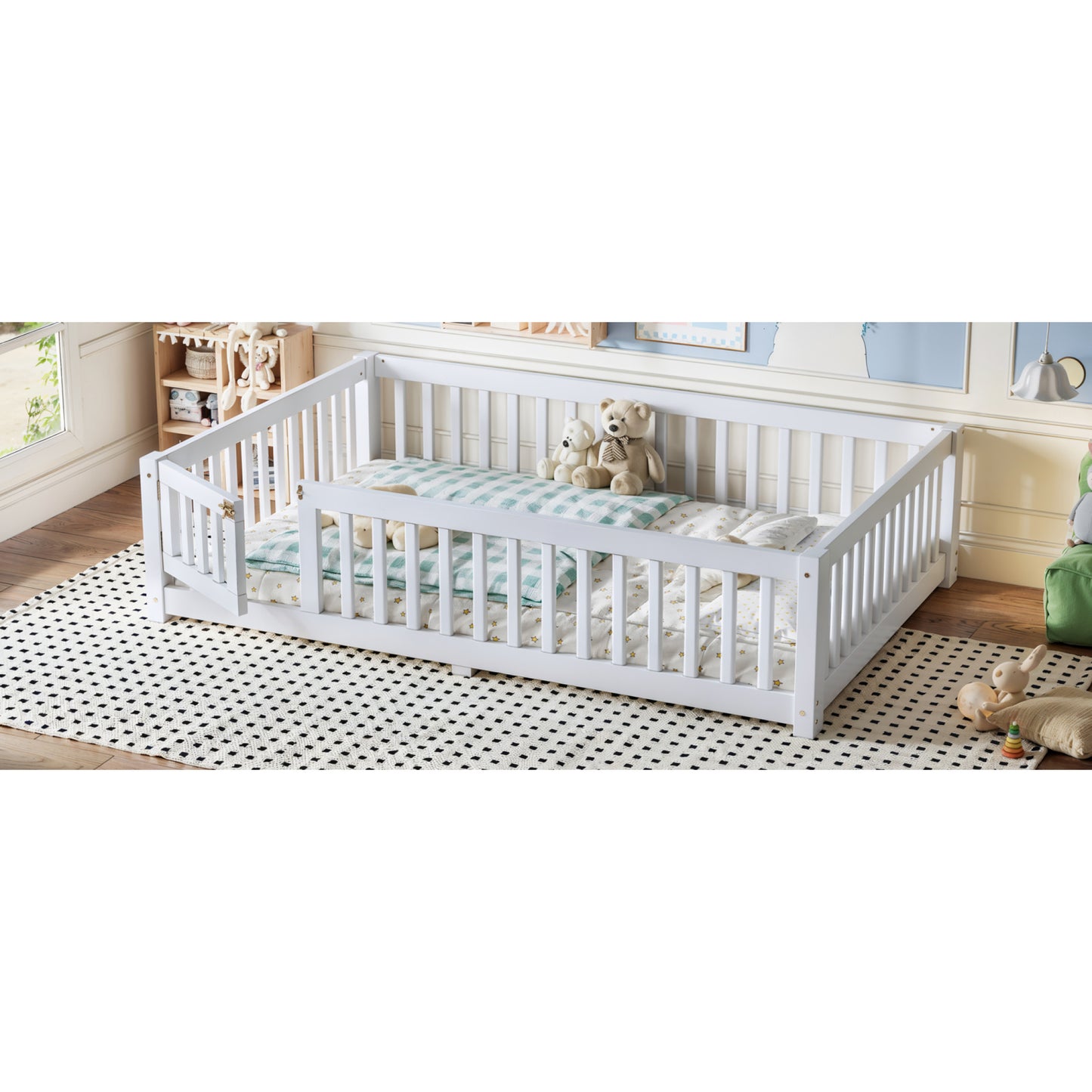 variant-group:rf-w1580p462317|Roomfitters Full Size Wooden Floor Bed Frame with Safety Guardrails Door, Solid Wood Low Profile Toddler Play Bed, White