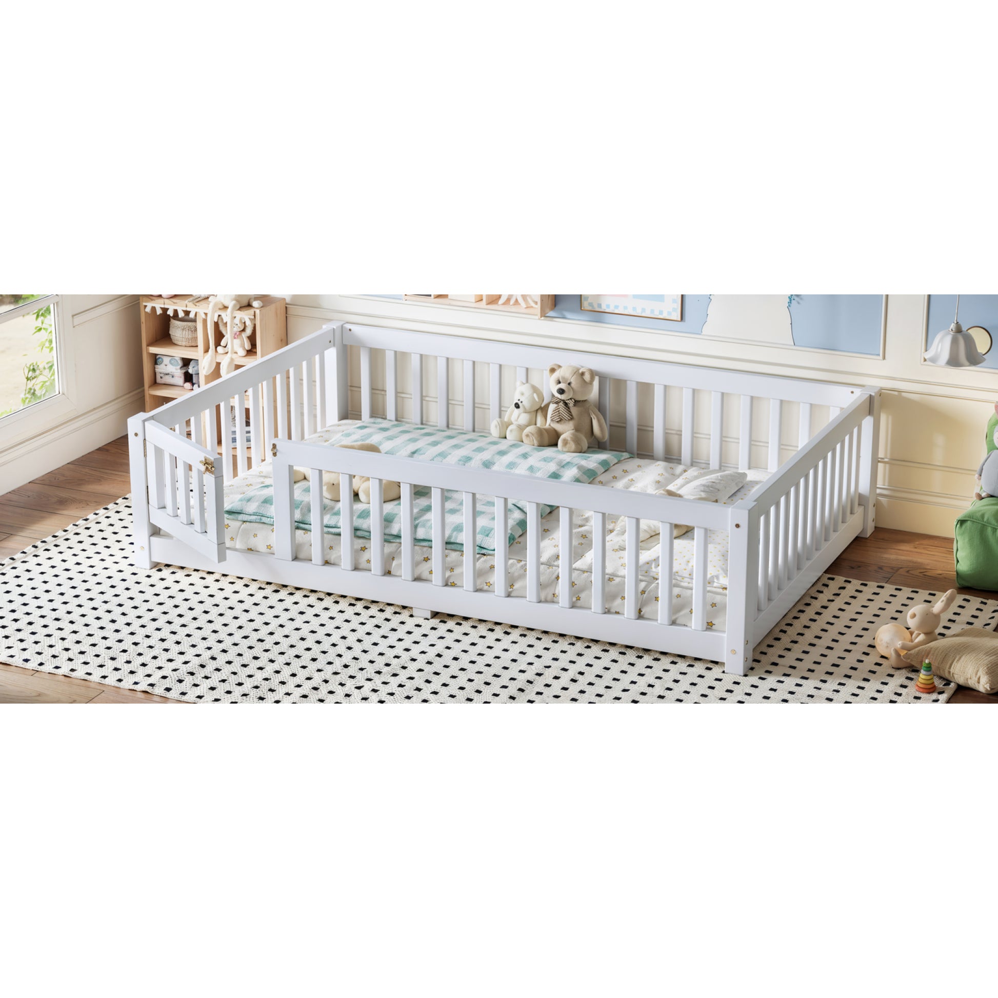 variant-group:rf-w1580p462317|Roomfitters Full Size Wooden Floor Bed Frame with Safety Guardrails Door, Solid Wood Low Profile Toddler Play Bed, White
