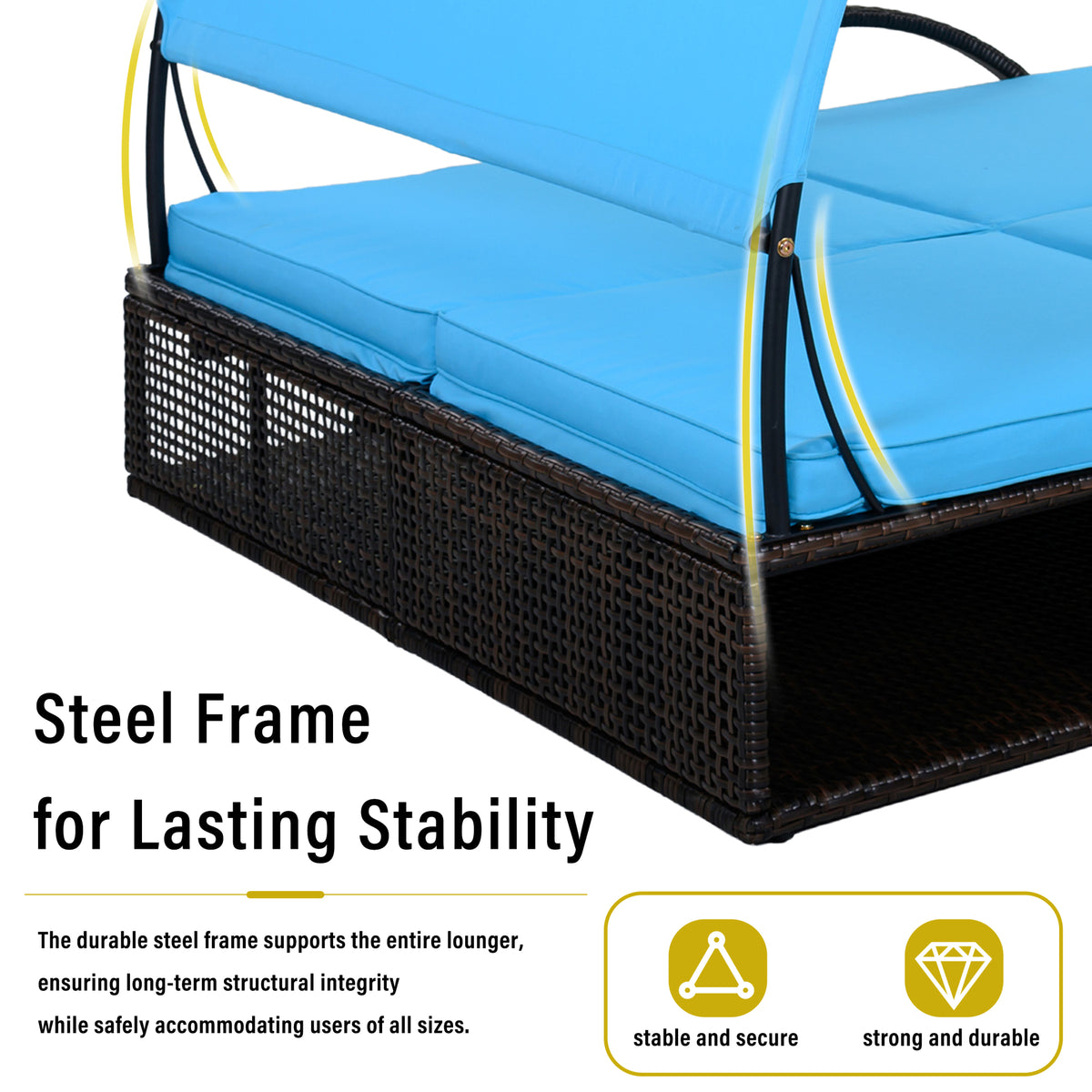 variant-group:rf-n711wy000485aac|Roomfitters Blue HDPE Wicker Outdoor Double Sunbed, Steel Frame Patio Chaise, Hidden Side Tables, Canopy Shade