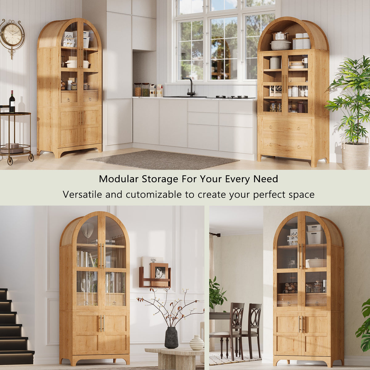 variant-group:rf-n707s288969y|Roomfitters 71" Pantry Cabinet with Arched Top & Glass Doors, 4-Door Storage Hutch with Adjustable Shelves for Kitchen, Natural