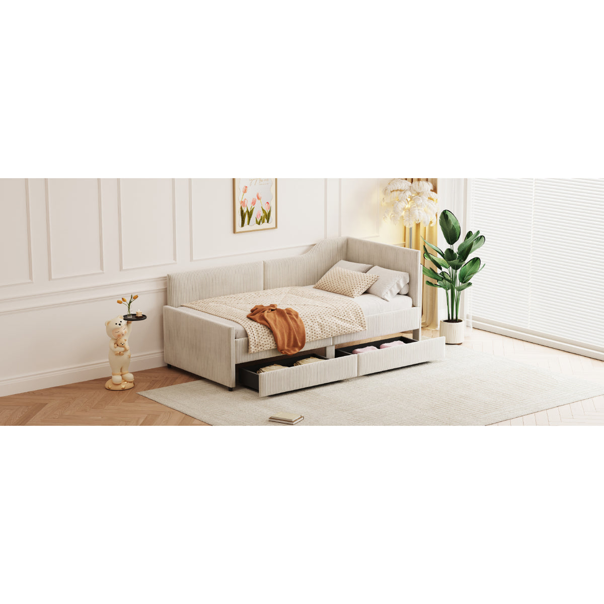 variant-group:rf-n733p171470a|Roomfitters Twin Size L-Shaped Corduroy Daybed, Upholstered Platform Bed Frame with 2 Convenient Storage Drawers for a Modern Touch, Beige