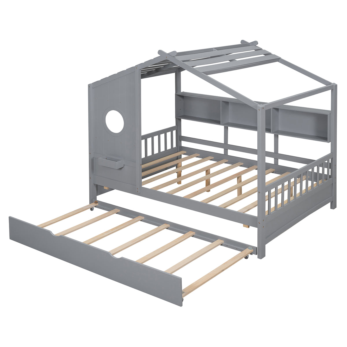 variant-group:rf-n733s316125e|Roomfitters Wooden Full Size House Bed with Trundle and Storage Shelf, Gray