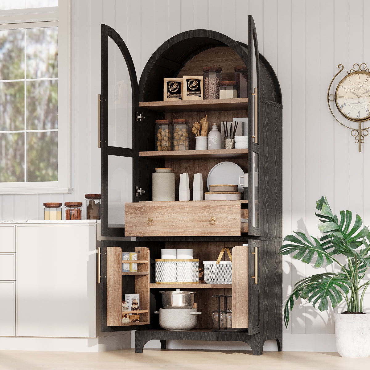 variant-group:rf-n707s288969b|Roomfitters 71" Pantry Cabinet with Arched Top & Glass Doors, 4-Door Storage Hutch with Adjustable Shelves for Kitchen, Black