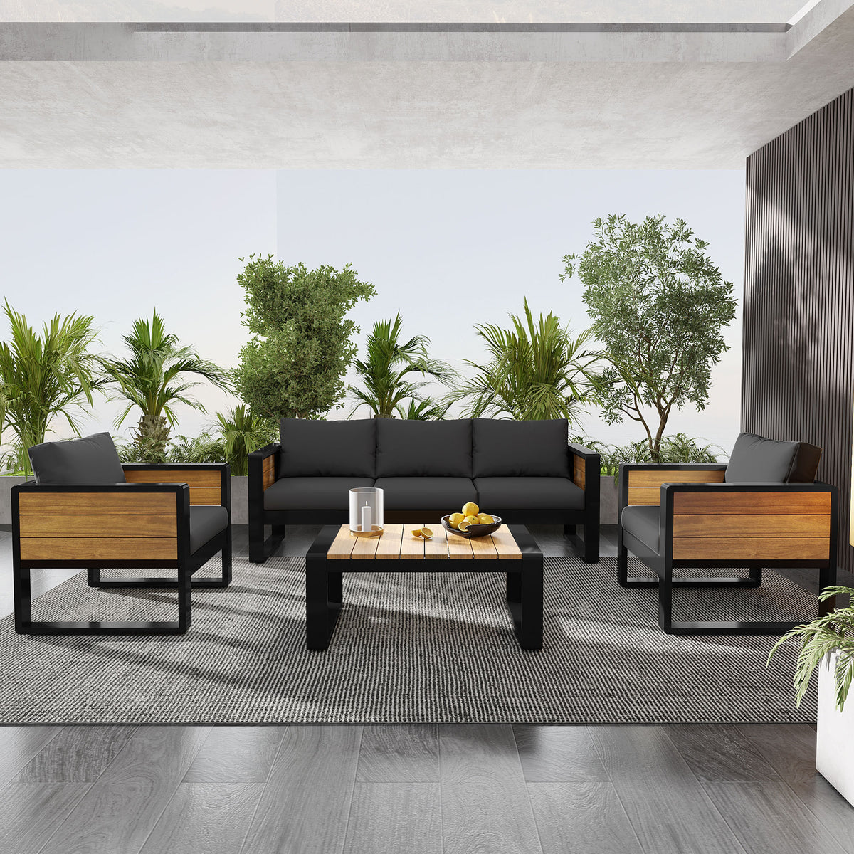 variant-group:rf-n704g201257e|Roomfitters 4-Piece Aluminum Patio Conversation Set with Four Fold-Out Side Trays and Slatted Coffee Table Gray