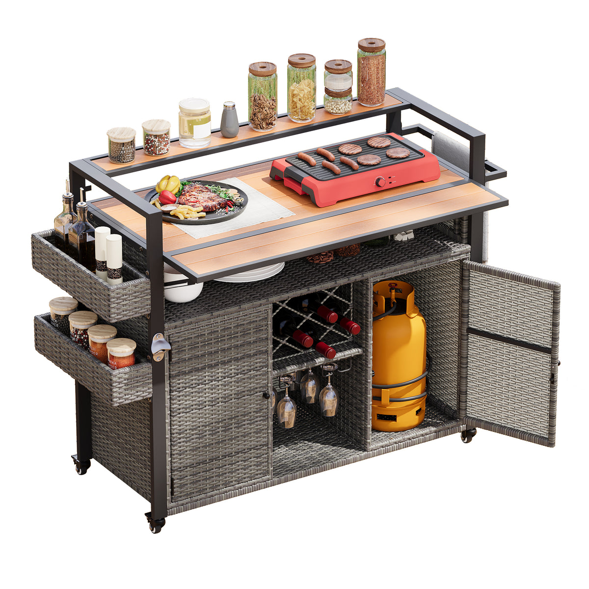 variant-group:rf-n707p233747g|Roomfitters 52.8" Wicker Outdoor Grill Cart with Plastic Wood Table, Rolling Island with Storage Cabinet, Double Handles, Grey