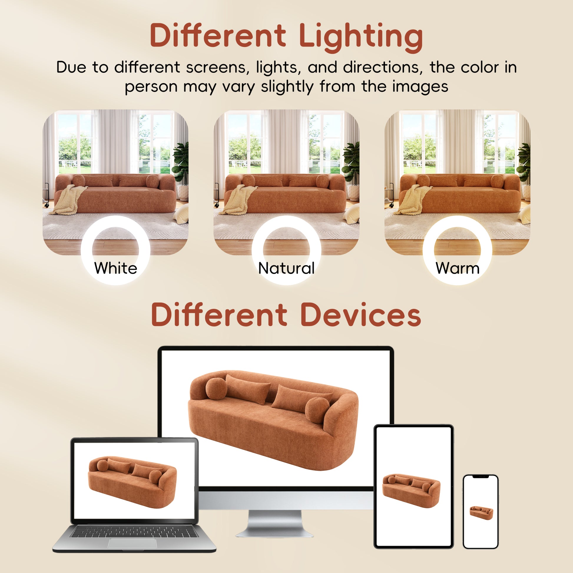 variant-group:rf-n723p404465g|Roomfitters 86 Inch Modern Curvy Sofa, 3-Seater Rounded Upholstered Couch with Plush Throw Pillows for Living Room, Orange
