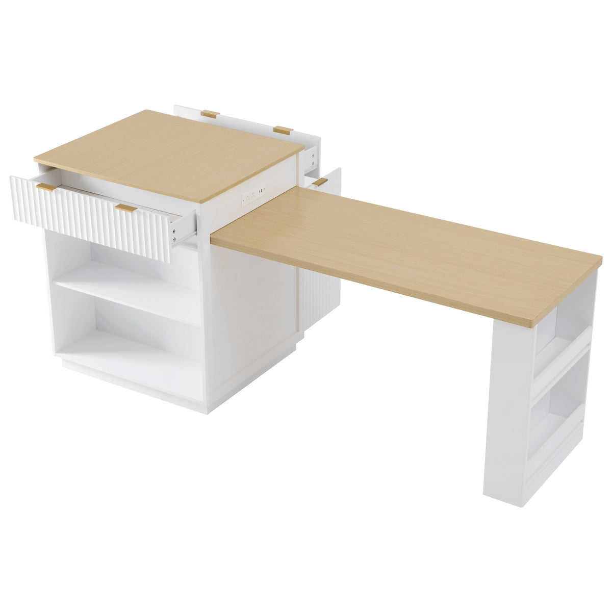 variant-group:rf-n707s000018w|Roomfitters 82.6" Fluted Kitchen Island with 51" Extendable Dining Table for 4-6, Power Outlet, White