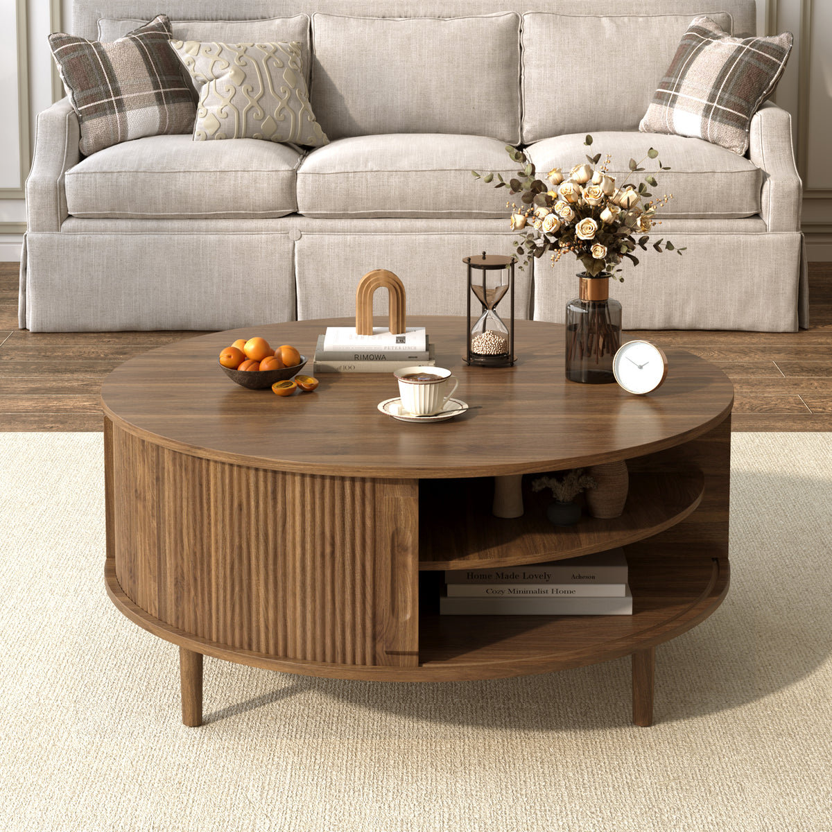 variant-group:rf-n724p416053m|Roomfitters Minimalist Round Lift-Top Coffee Table with Side Sliding Door, Antique Brown