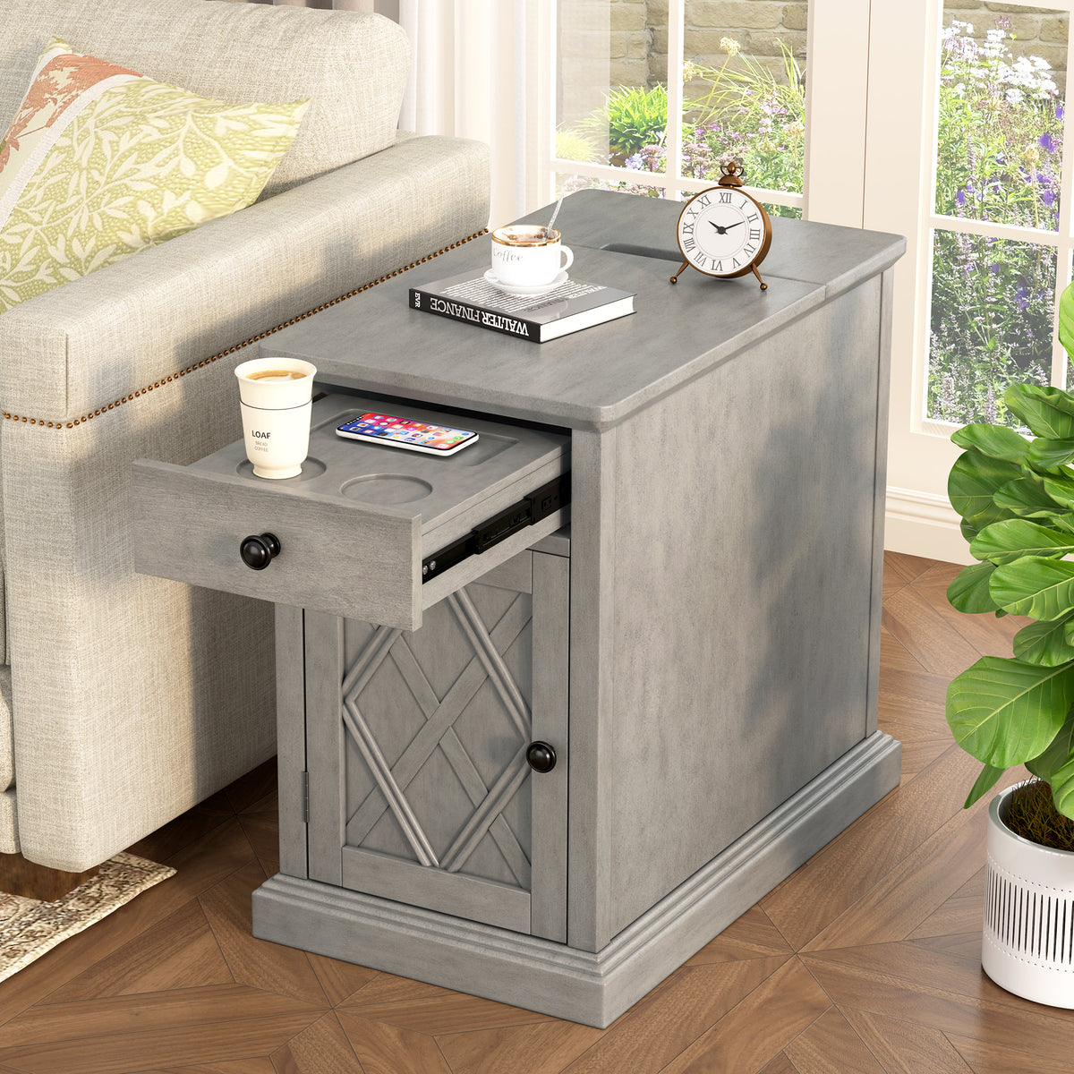 variant-group:rf-n724p353565e|Roomfitters Classic Charging End Table with USB Ports and Storage Drawer, Antique Gray