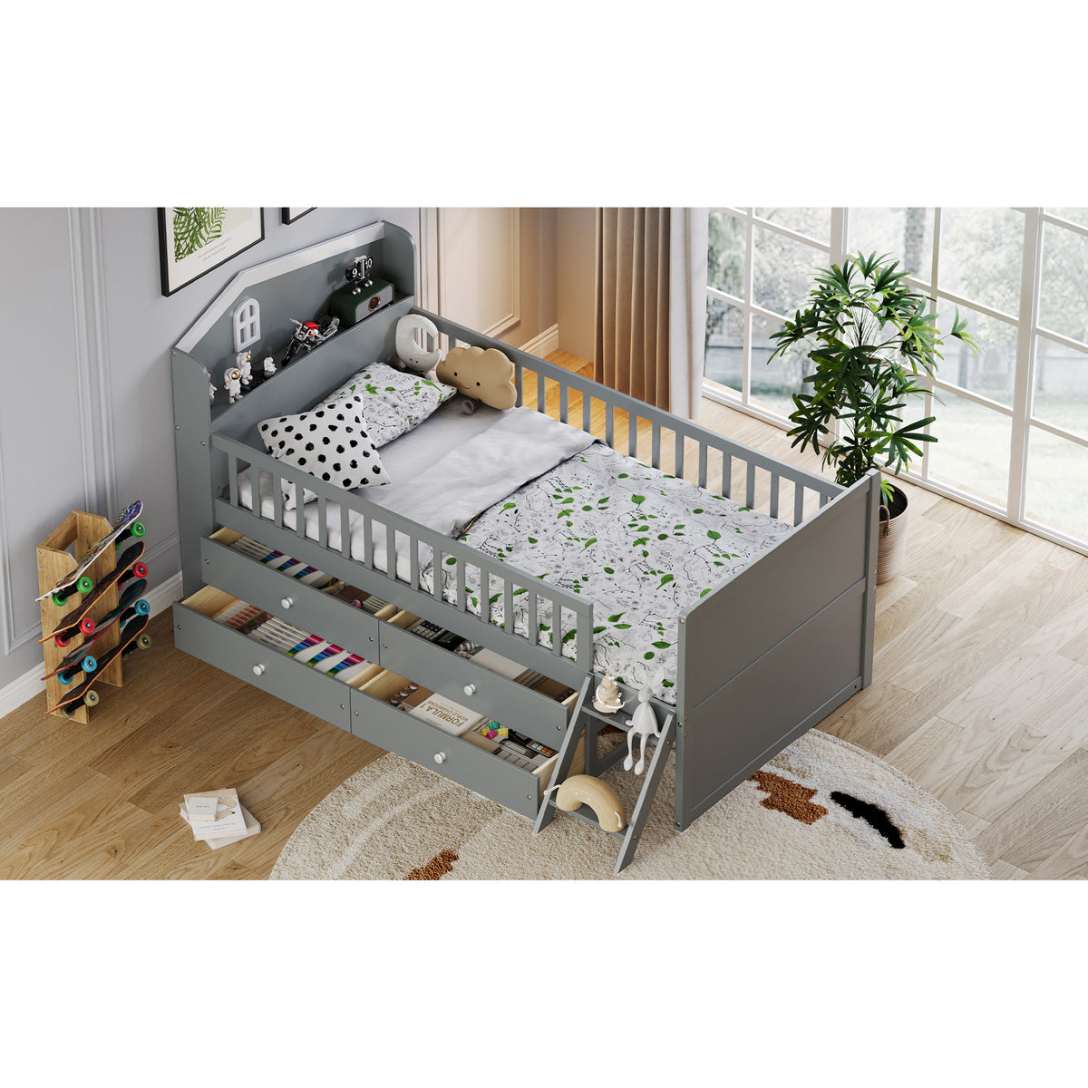 variant-group:rf-n733s278032e|Roomfitters Twin Platform Bed Frame with Four Drawers, Wooden Kids Bed with Guardrail Headboard and Ladder, Gray
