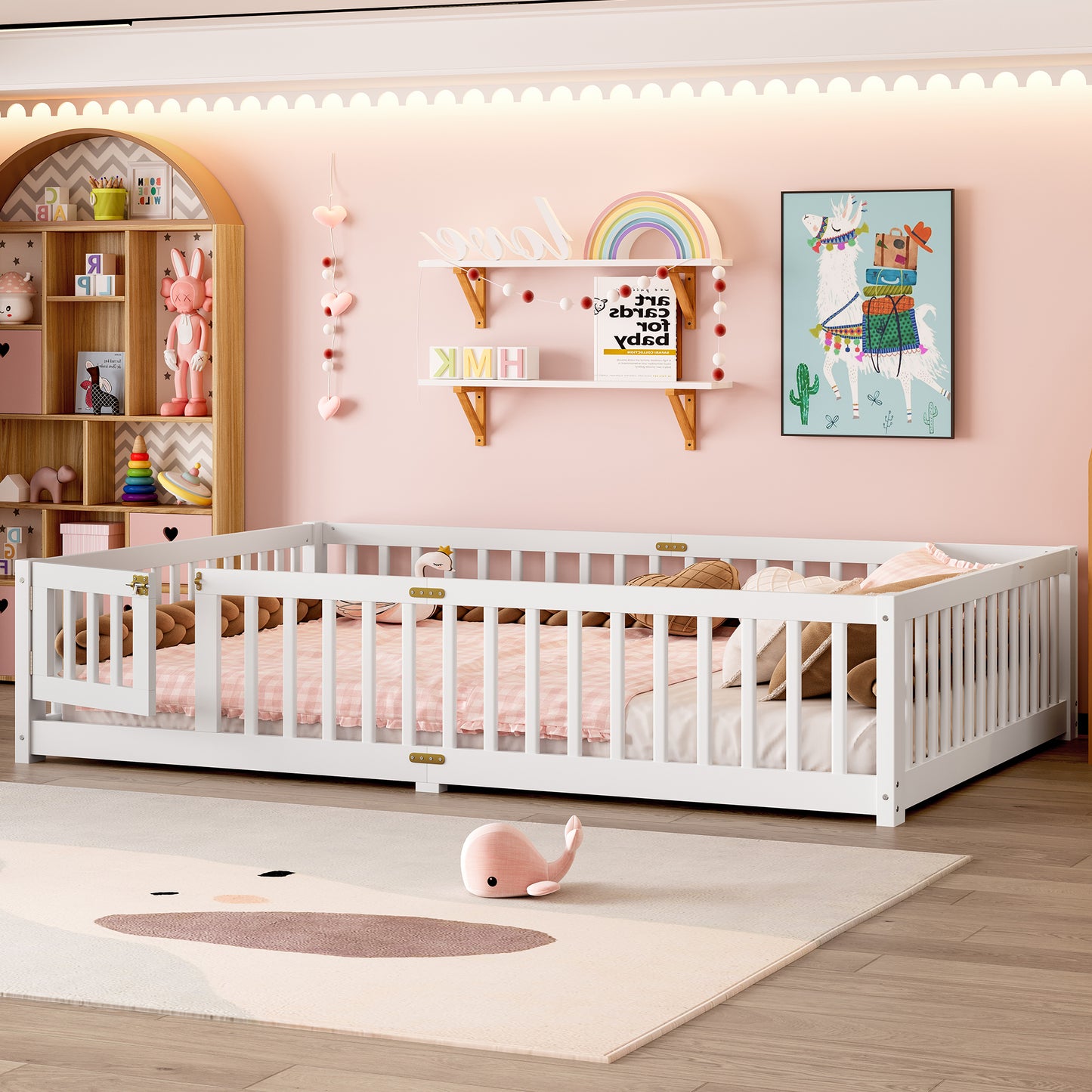 variant-group:rf-w1580p338953|Roomfitters Wooden Queen Floor Bed Frame with Door & Safety Guardrails, Low Platform Design for Bedroom or Playroom, White