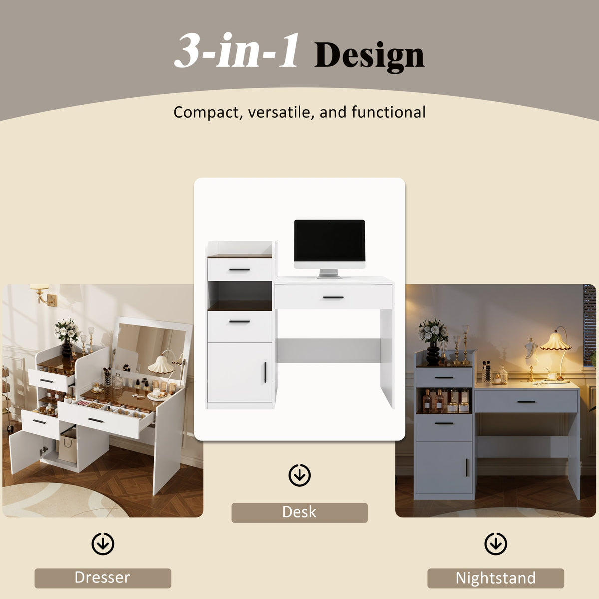 Roomfitters 3-in-1 Compact Space-Saving Vanity Desk with Flip Top Mirror and Amber Tempered Glass Top White Roomfitters