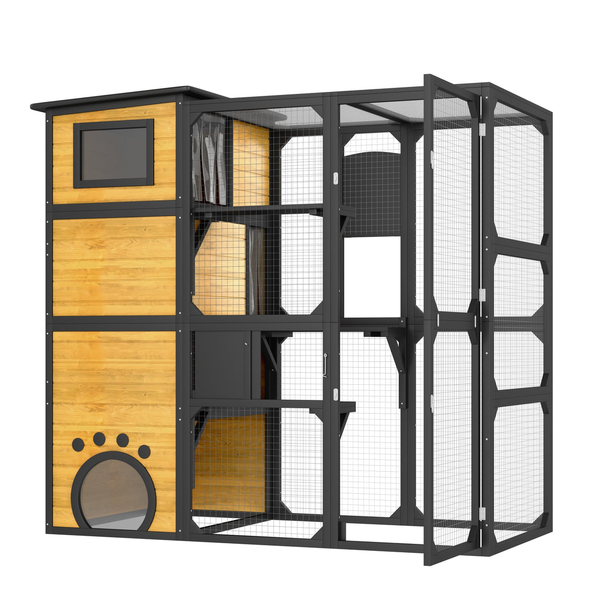 Roomfitters Large Outdoor Cat Catio Enclosure Weatherproof Attached to Window Multi-Tier Cat House Brown Roomfitters