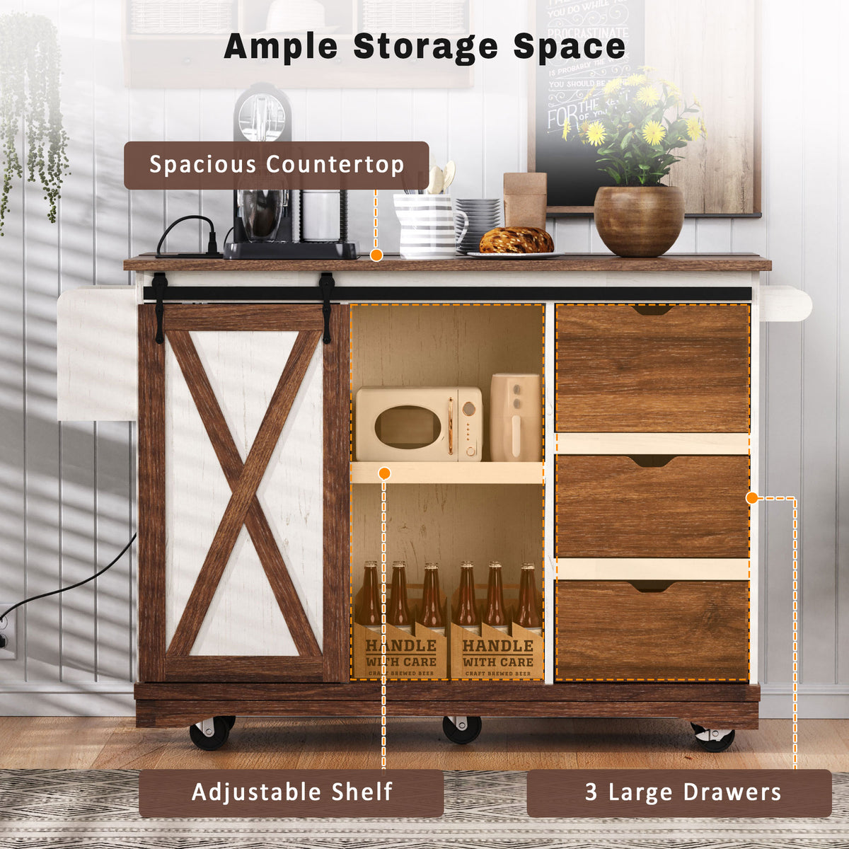 variant-group:rf-n707p288229w|Roomfitters 55.5" Rolling Kitchen Island with Drop Leaf, Mobile Kitchen Storage Cart with Sliding Barn Door, Power Outlets, White