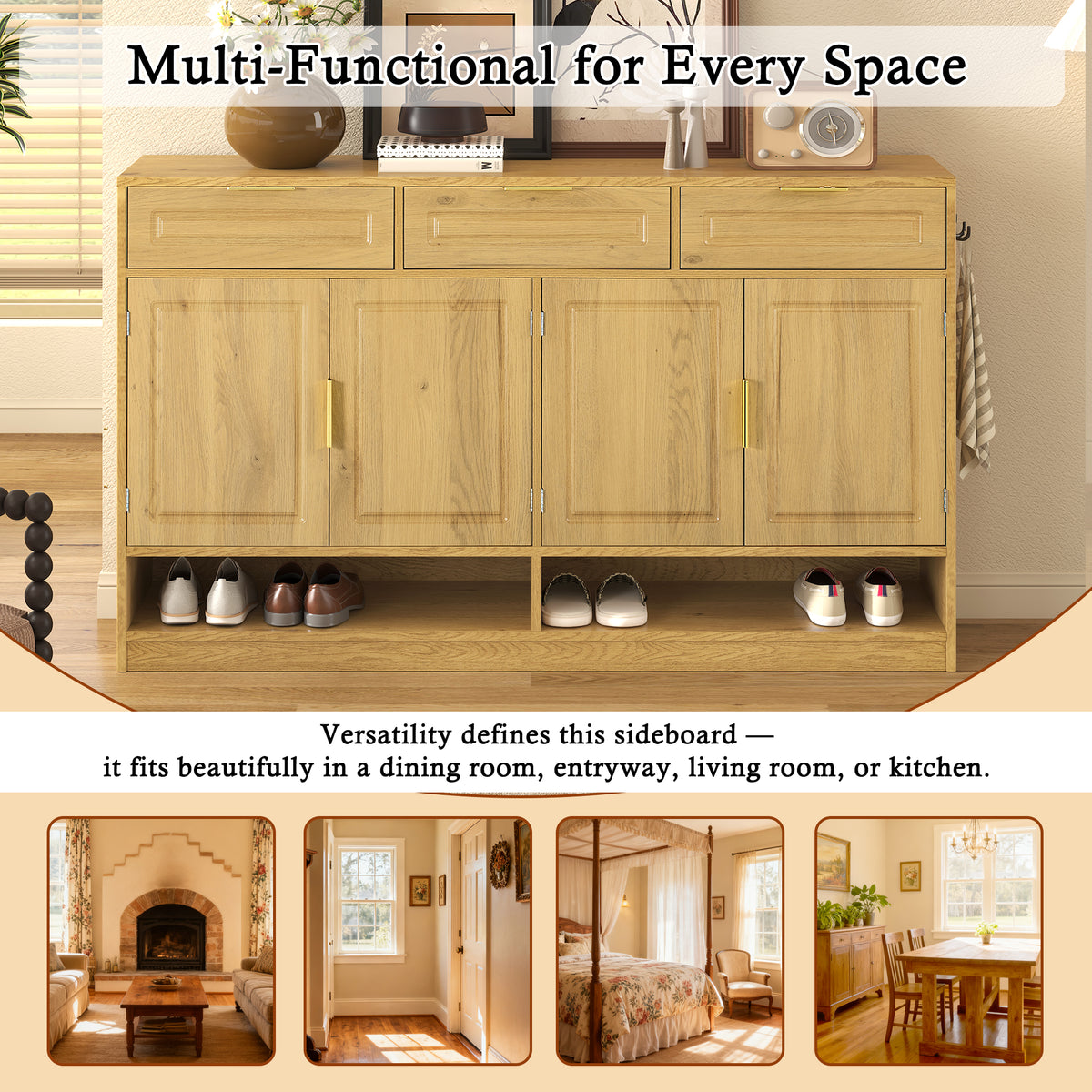 variant-group:rf-n711p345213o|Roomfitters 59.1" Farmhouse Sideboard Buffet Cabinet with 3 Drawers and 4 Doors, Kitchen Storage with Open Shelf, Natural