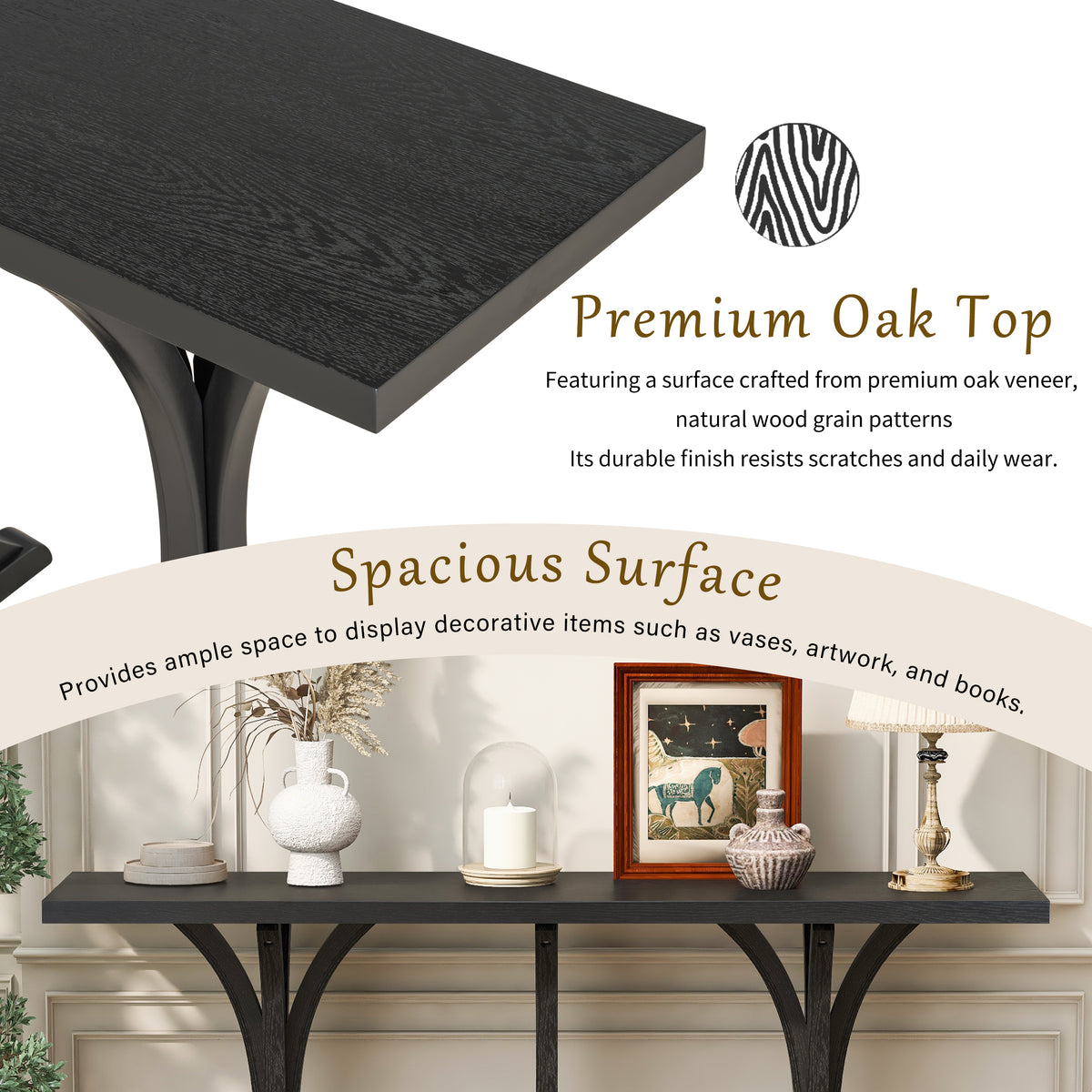 variant-group:rf-n711p295300b|Roomfitters 59.8" Console Table with Oak Veneer Top, Modern Arched Leg Entryway Sofa Table for Hallway & Living Room, Black
