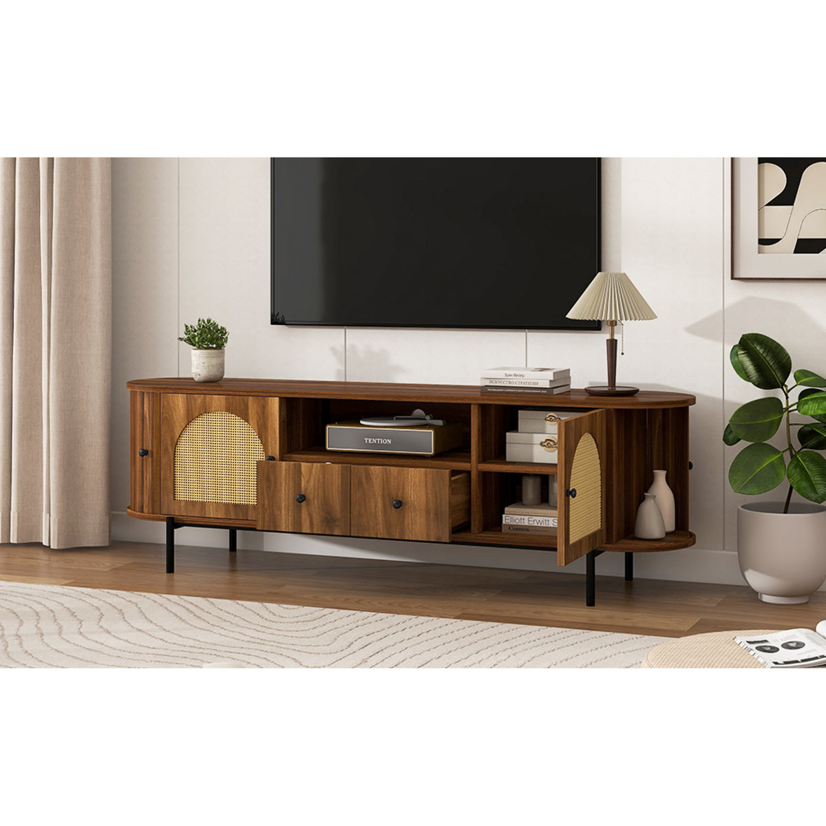 variant-group:rf-n724p437189m|Roomfitters American Style TV Stand with Rattan Arched Doors, Steel Legs, Antique Brown