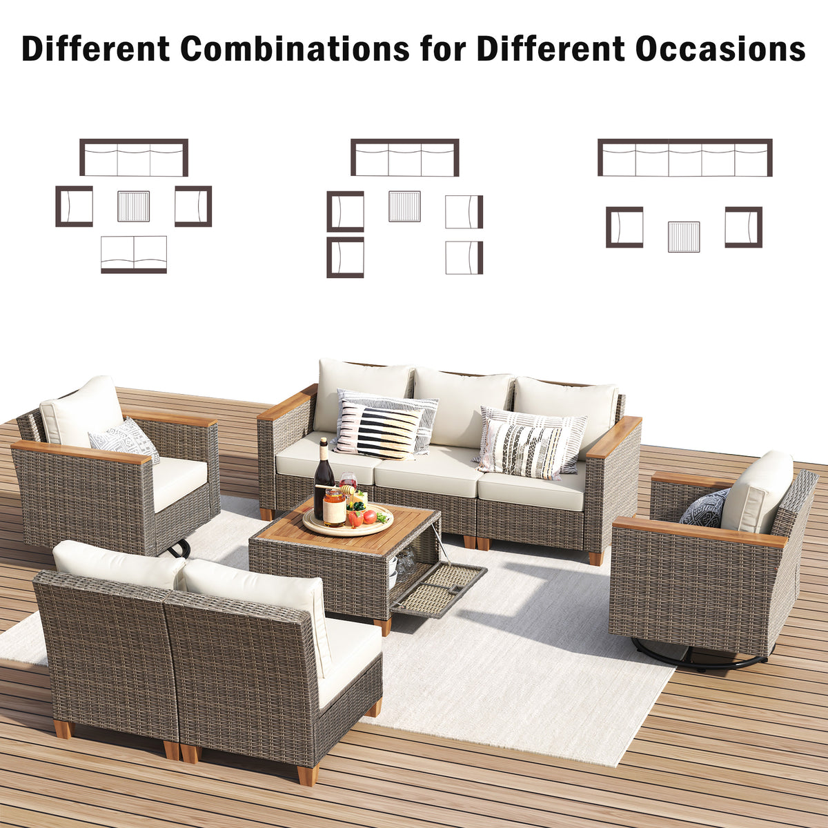 variant-group:rf-n707s005016z|Roomfitters 8-Piece Patio Furniture Set with 360 Swivel Rocker Chairs, Modular Outdoor Sectional Sofa & Table, Beige+Brown