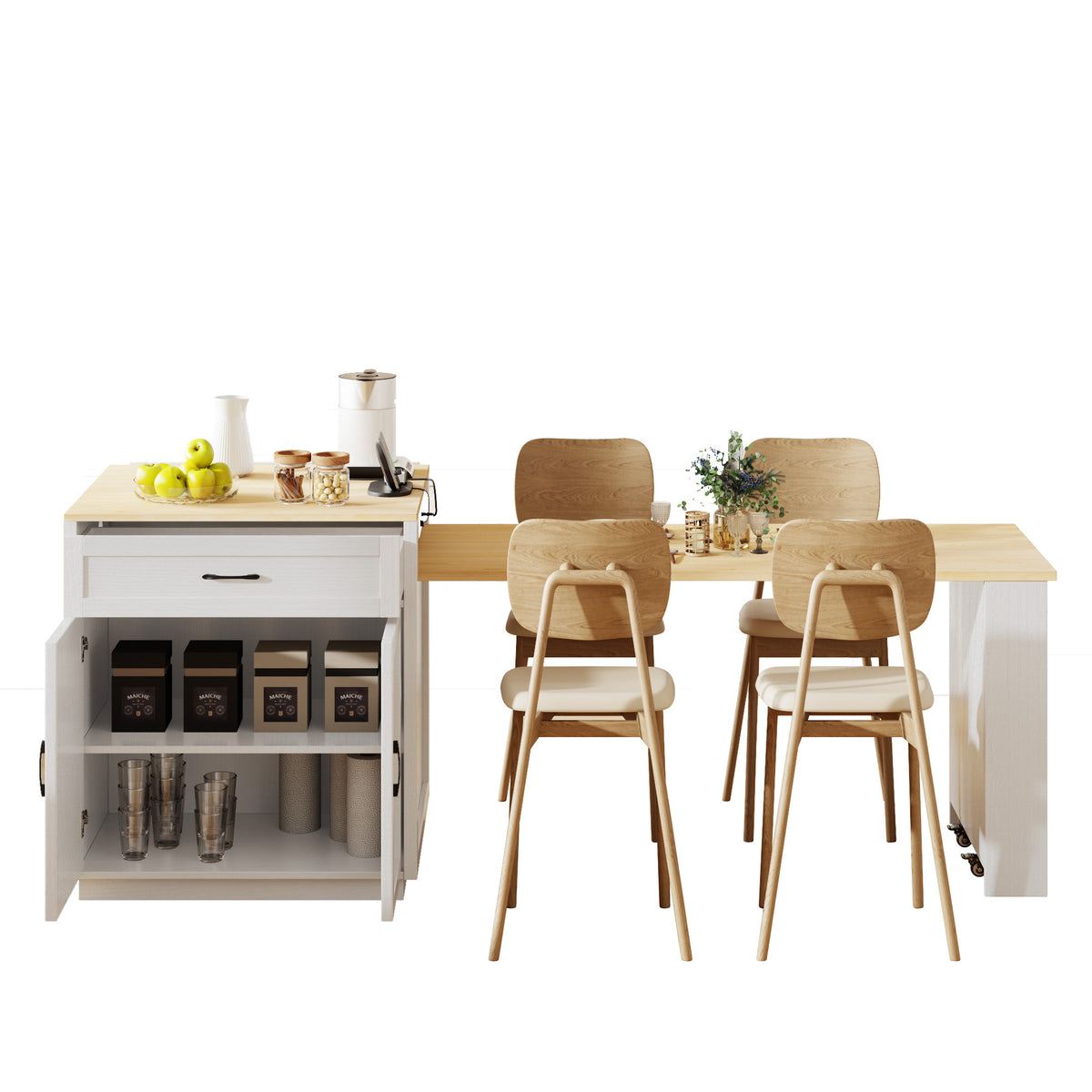 variant-group:rf-n707s000010w|Roomfitters 82.7" Kitchen Island with Extendable Table, Two-Tone Design, Double Storage, Power Outlet, White