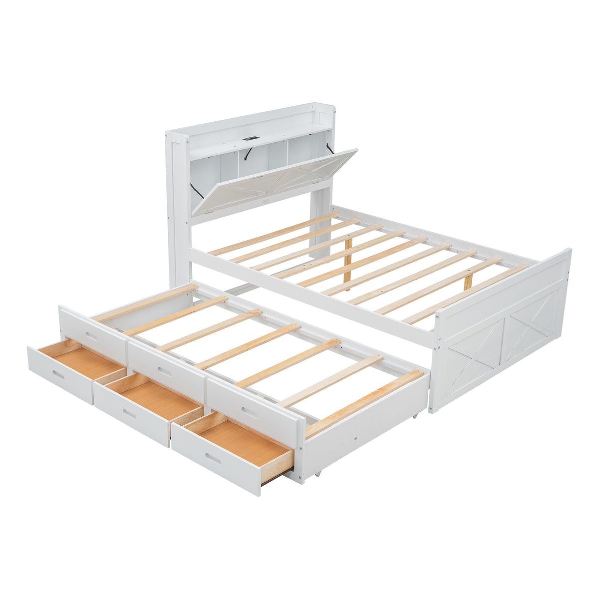 variant-group:rf-n733s172712k|Roomfitters Full Size Wooden Bed with Storage Headboard, Integrated Outlets, Extendable Frame with Twin Trundle and Additional Storage, White