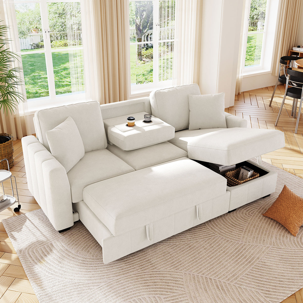 variant-group:rf-n711wy000467aaa|Roomfitters 90" L-Shaped Sectional Sleeper Sofa with Storage Chaise and Pull Out Bed, Fold Down Cup Holder Table, Beige