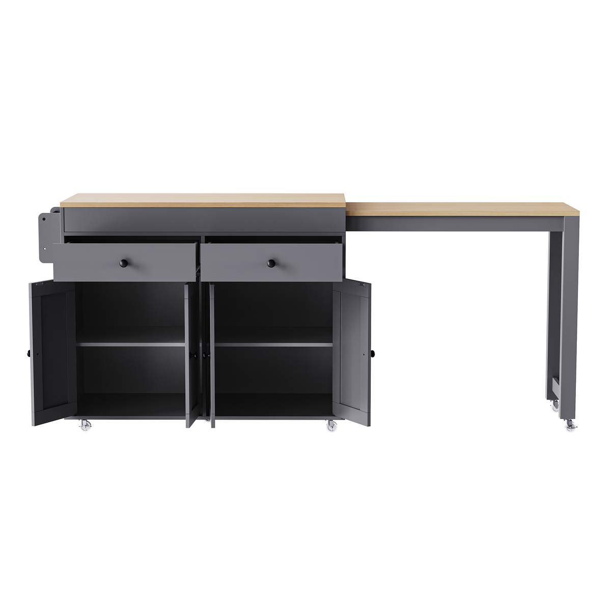 variant-group:rf-n707p333291g|Roomfitters 74.8" Rolling Kitchen Island with Extendable Dining Table, Mobile Cart with 4 Doors, 2 Drawers & Spice Rack, Grey