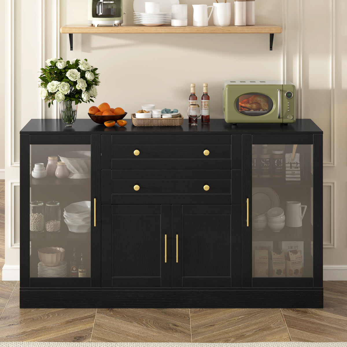 variant-group:rf-n711p437648b|Roomfitters Contemporary Black Melamine MDF Buffet Sideboard Storage Cabinet Acrylic Doors Dining Room Kitchen Console
