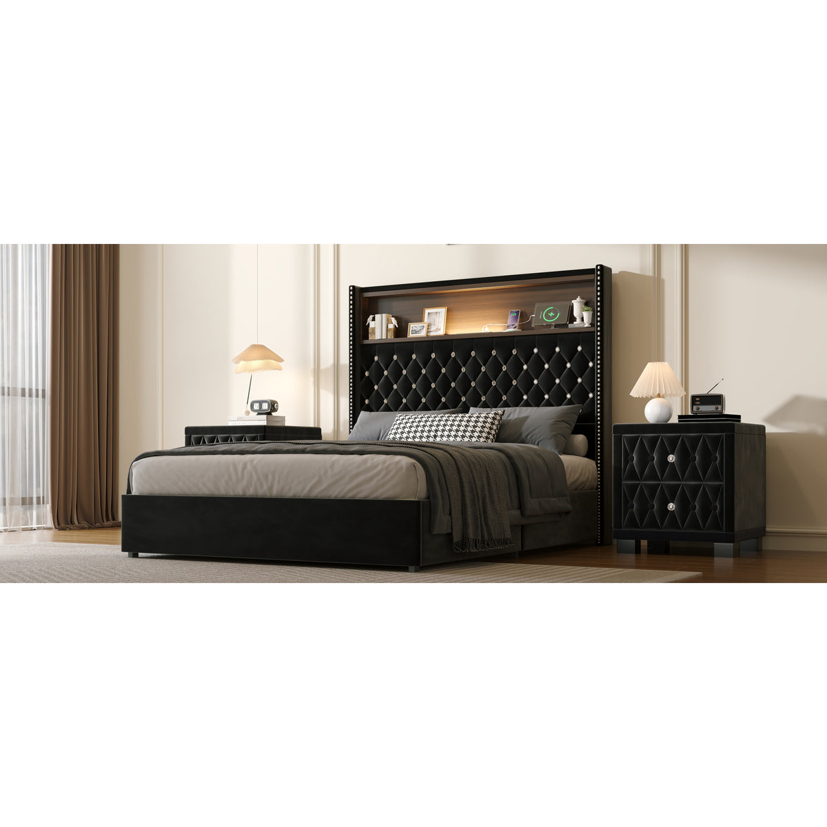 variant-group:rf-n733p368653b|Roomfitters Full Velvet Tufted Platform Bed with Charging Ports, Tall Wingback Headboard with Rivet Trim and Shelf, Black