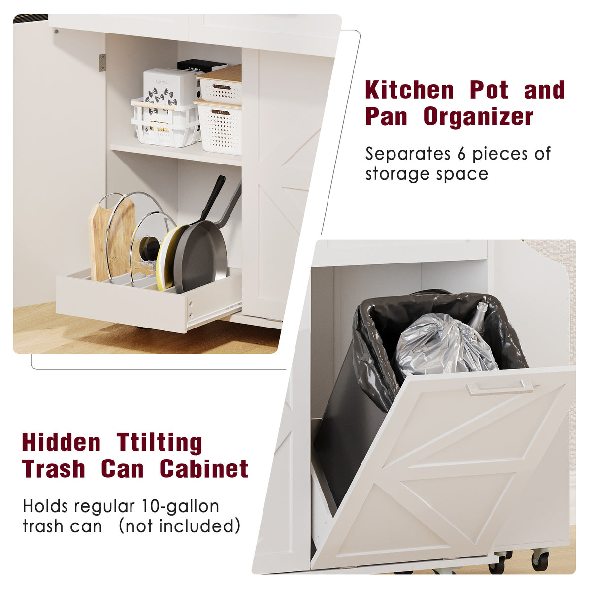 variant-group:rf-n707p307296w|Roomfitters 47.2" Farmhouse Kitchen Island with Drop Leaf, Tilt Trash Can Cabinet, Removable Mobile Side Racks, White