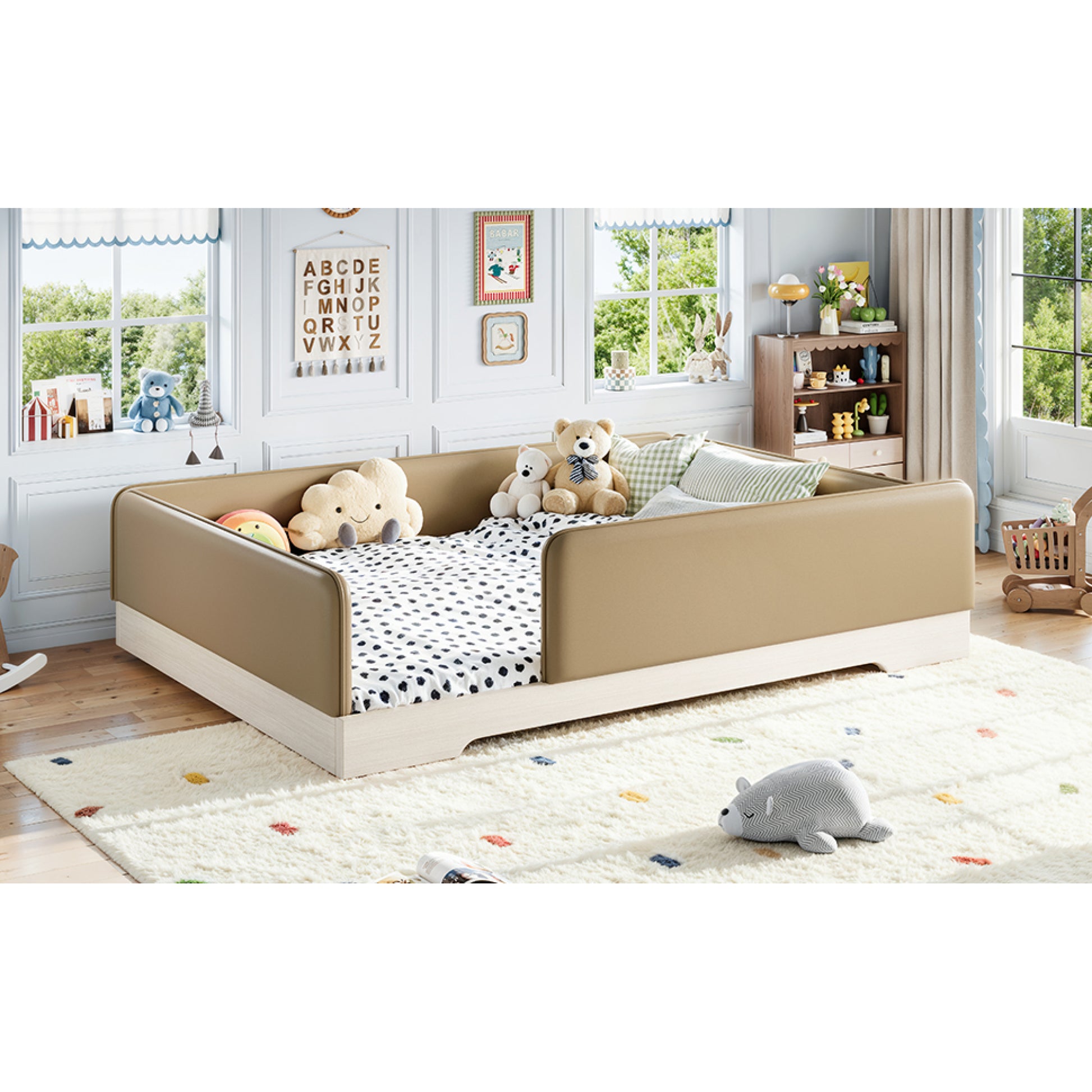 variant-group:rf-w1580s00672|Roomfitters Queen Size Upholstered Floor Bed Frame with Removable Guardrails, Faux Leather Low Profile Platform, Brown
