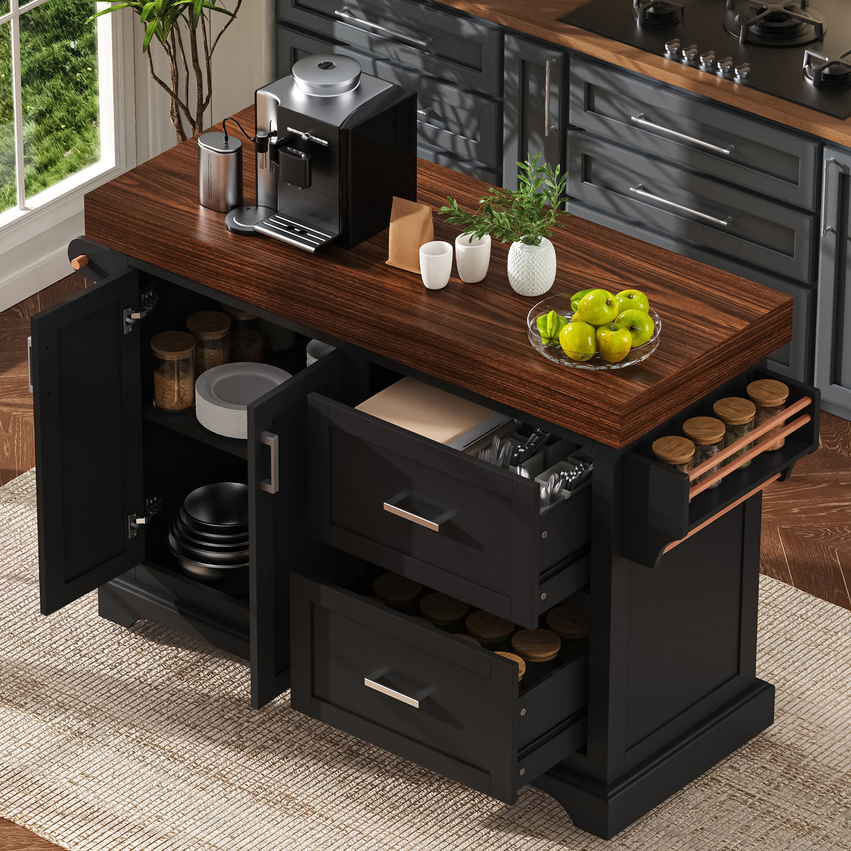 variant-group:rf-n707s000025b|Roomfitters 53" Kitchen Island with Butcher Block Top, Storage Cabinet with Drawers, Spice Rack and Towel Holder, Black