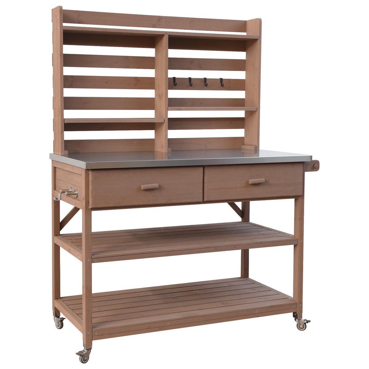 variant-group:rf-n707p228274z|Roomfitters 64.9" Outdoor Potting Bench Table, Rolling Kitchen Island with Hutch, Stainless Steel Top, Storage, Brown