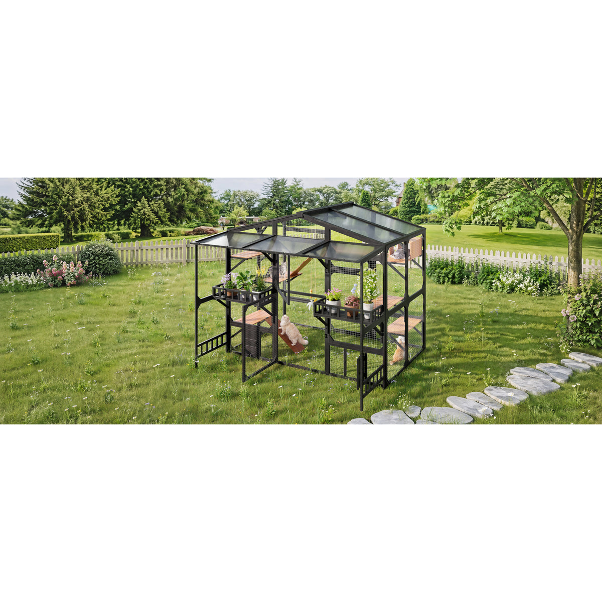 variant-group:rf-n704g201620b|Roomfitters Extra Large Wood Catio Cat Cage Outdoor Kennel with Transparent Sunroof and Dual Storage Shelves Black