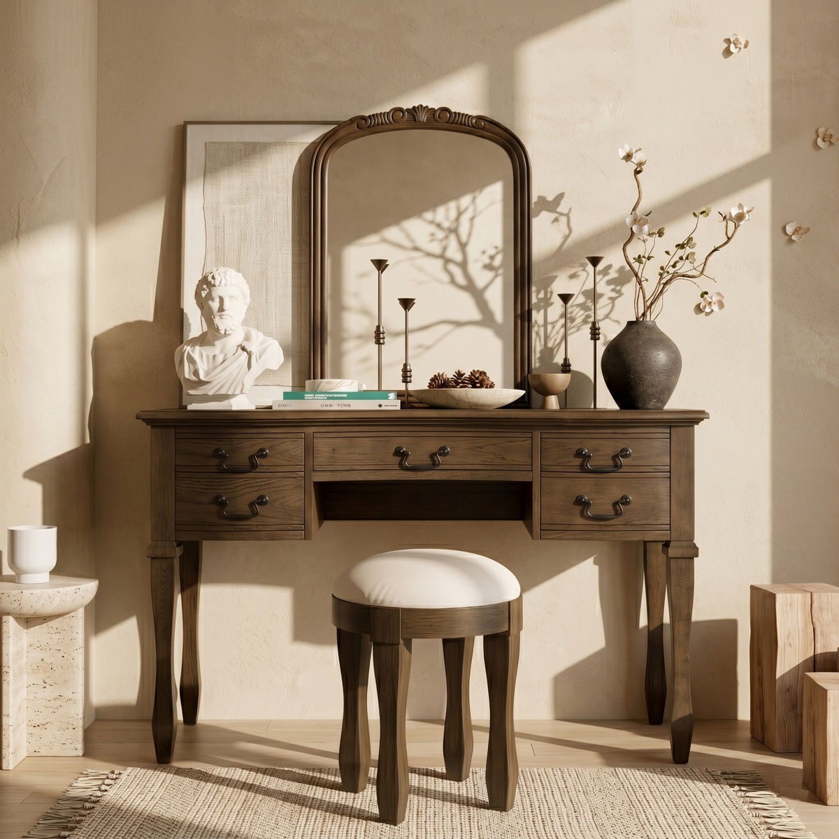 Roomfitters 46-Inch Vintage Makeup Vanity Table with Curved Flower Frame Mirror and Upholstered Leather Stool Espresso Roomfitters