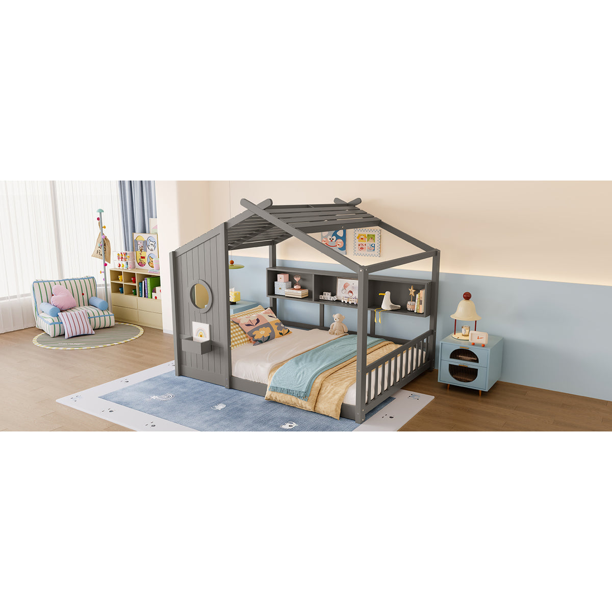 variant-group:rf-n733p335068e|Roomfitters Full Size Floor House Bed with Storage Shelf and Roof Design, Montessori Playhouse Bed, Gray