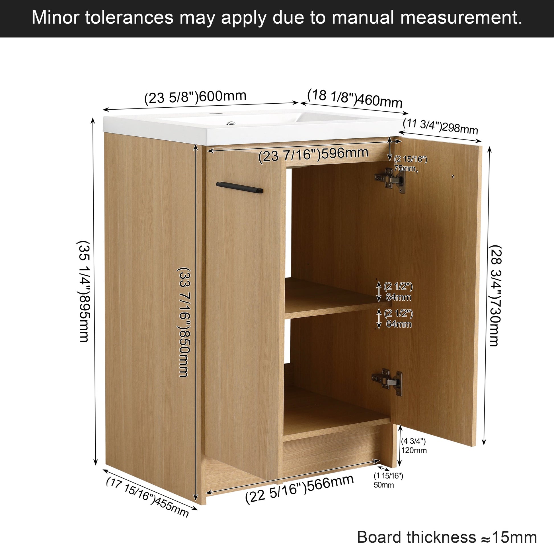 24" Freestanding Bathroom Vanity with Resin Sink, Light Oak, Double Door Storage, KD (Ready-to-Assemble), Includes Black & Brushed Aluminum Handles Roomfitters