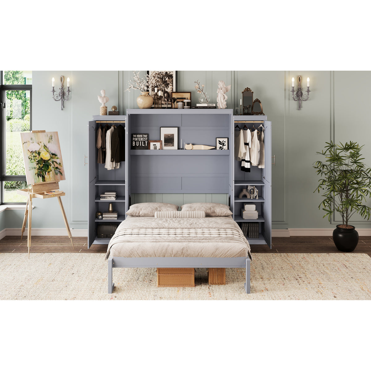 variant-group:rf-n733s235596e|Roomfitters Full Murphy Wall Bed with Two Wardrobes and Storage Shelf, Foldable Platform Bed Frame for Guest Room, Gray