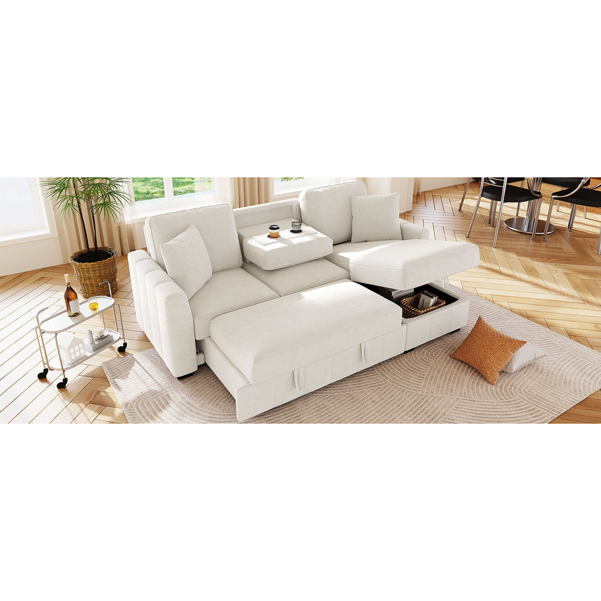 variant-group:rf-n711wy000467aaa|Roomfitters 90" L-Shaped Sectional Sleeper Sofa with Storage Chaise and Pull Out Bed, Fold Down Cup Holder Table, Beige