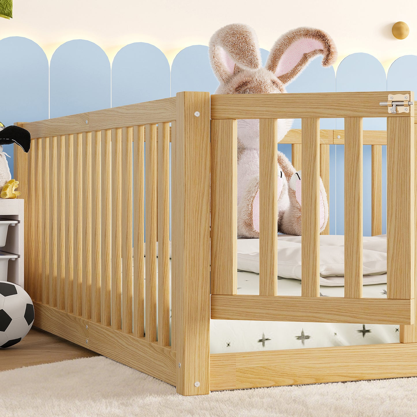 variant-group:rf-w1580p417673|Roomfitters Queen Size Wooden Floor Bed with Safety Guardrails Door, Solid Wood Low Profile Toddler Bed Frame, Natural