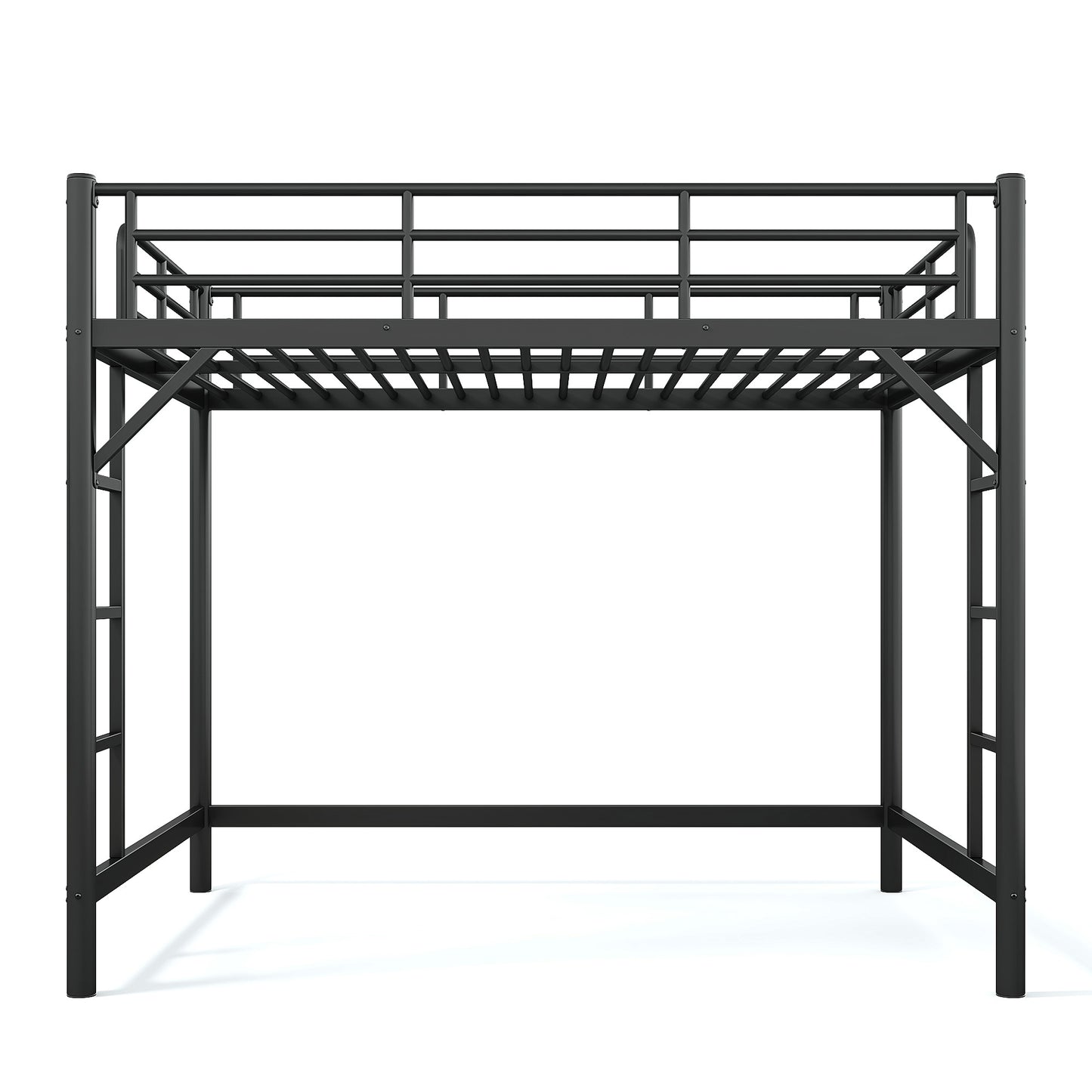 variant-group:rf-w1580p455017|Roomfitters Queen Size Metal Loft Bed Frame with Guardrails, Heavy Duty Space Saving High Loft Bed Dual Ladders, Black
