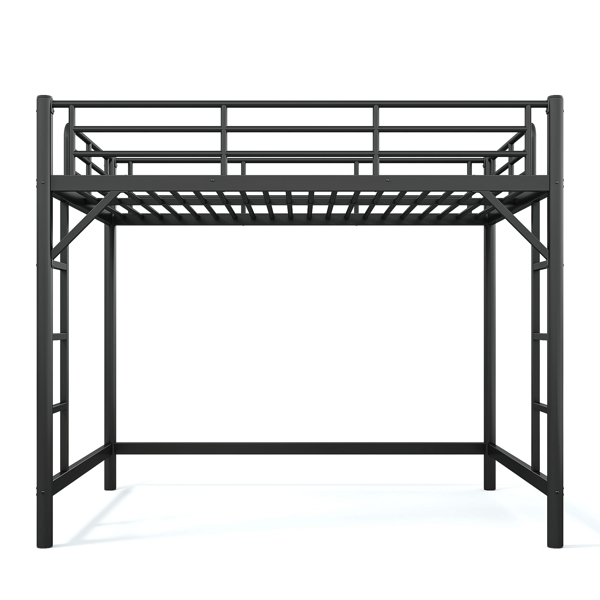 variant-group:rf-w1580p455017|Roomfitters Queen Size Metal Loft Bed Frame with Guardrails, Heavy Duty Space Saving High Loft Bed Dual Ladders, Black